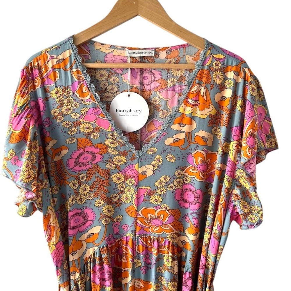 Boho Floral Maxi Dress Womens 4XL Viscose Tie Waist Retro 70s Print - Picture 3 of 9